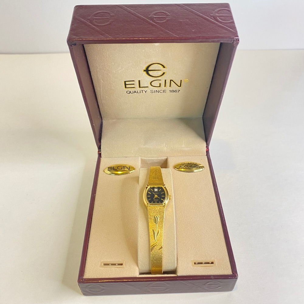 Elgin EK150 Womens Gold Tone Black Dial Diamond Accent Tulip Floral Watch Boxed